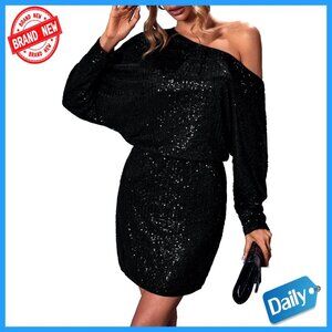 Sequin Batwing Sleeve Asymmetrical Neck Bodycon Midi Party Dress